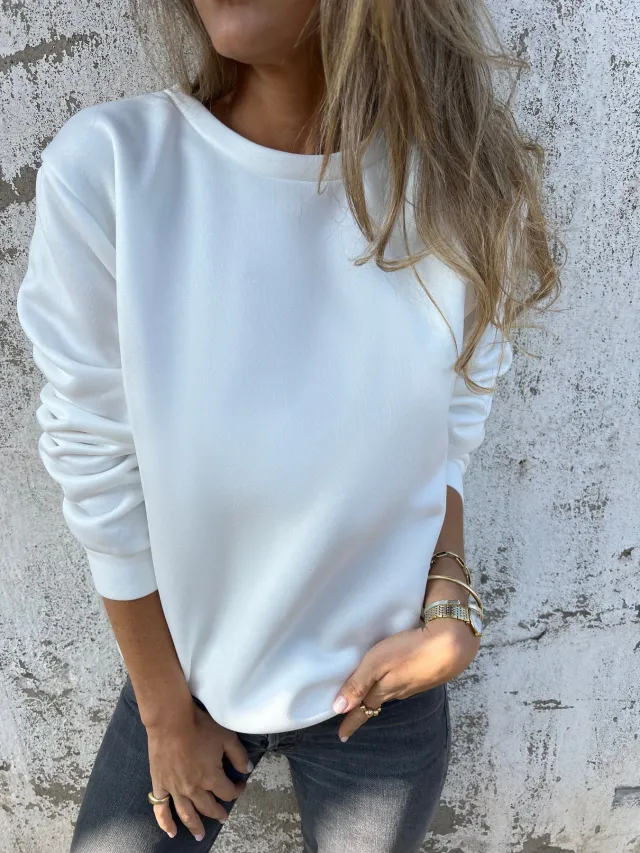 Casual Women's Solid Color Round Neck Long Sleeve Sweater Solid Color Top White - Shop at LoveMi