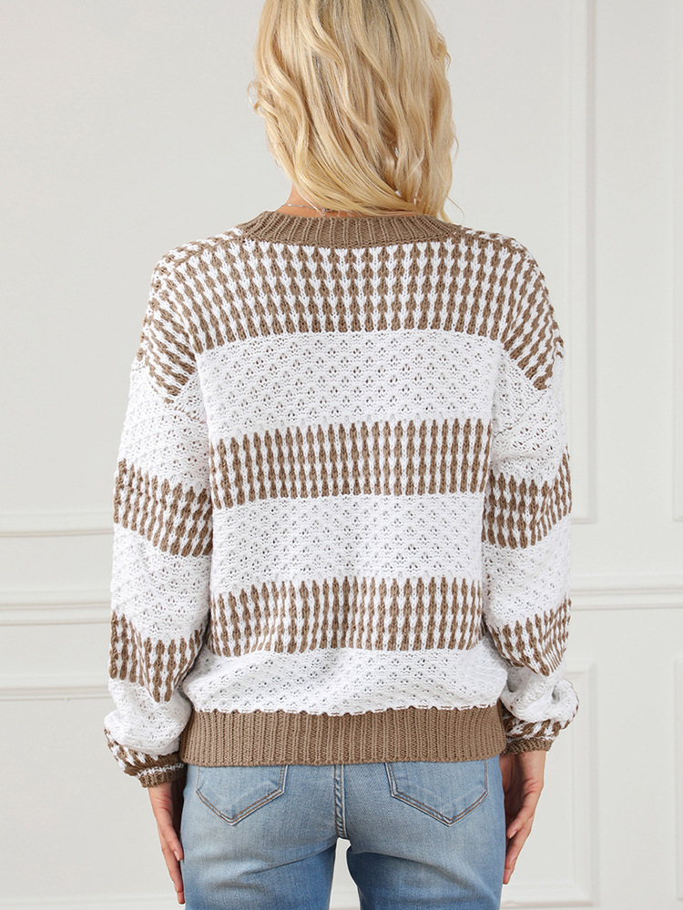 European And American Casual Loose Round Neck Contrast Color Knitwear
