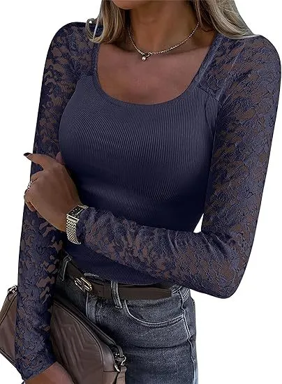 Fashionable Lace Hollow Out Patchwork Women's Top Blue - Shop at LoveMi