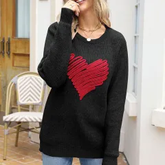Loose Love Embroidered Crew Neck Pullover Long Sleeve Knitted Sweater For Women - Black And Red - View 1