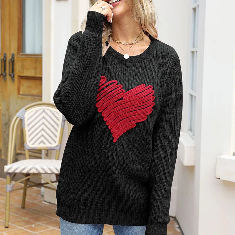 Loose Love Embroidered Crew Neck Pullover Long Sleeve Knitted Sweater For Women - Black And Red