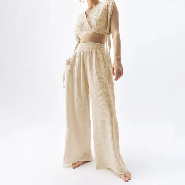 Double layer Gauze Casual Mopping Pants Women Light Khaki - Shop at LoveMi
