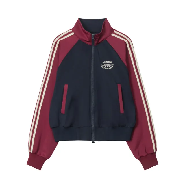 Contrast Color Striped Sleeve Cardigan Hoodie Short Stand Collar Long Sleeve Coat Women Red - Shop at LoveMi