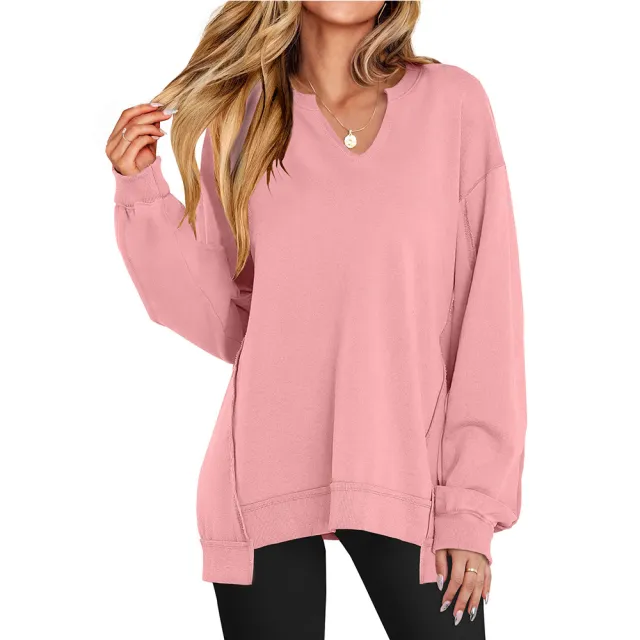 Colorful Striped V neck Loose Sweatshirt Pink - Shop at LoveMi