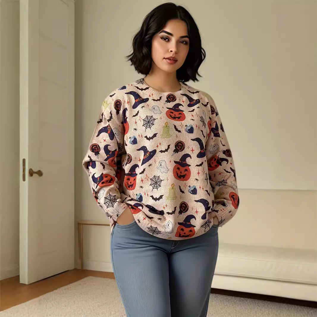 Halloween Beast Print Funny Cartoon Round Neck Long Sleeve Sweater Women