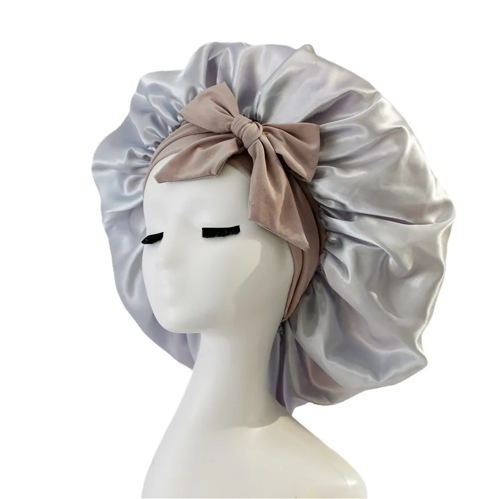 Satin Ribbon Round Bow Elastic Nightcap - Silver