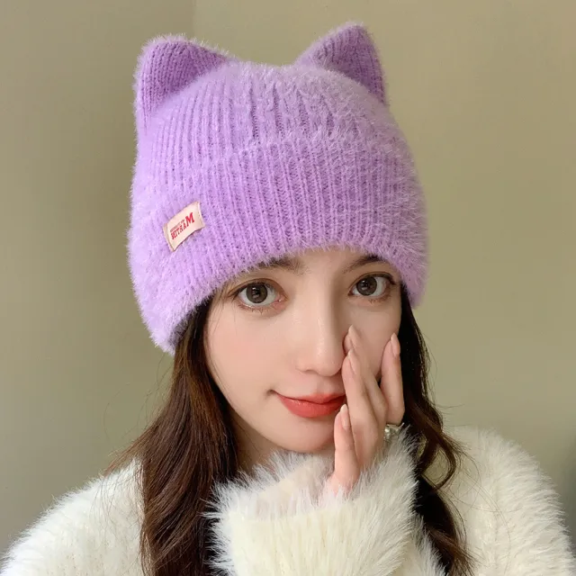 Winter Mink Cat Ears Plush Girl's Cap Warm Ear Protection Knitted Hat Purple - Shop at LoveMi