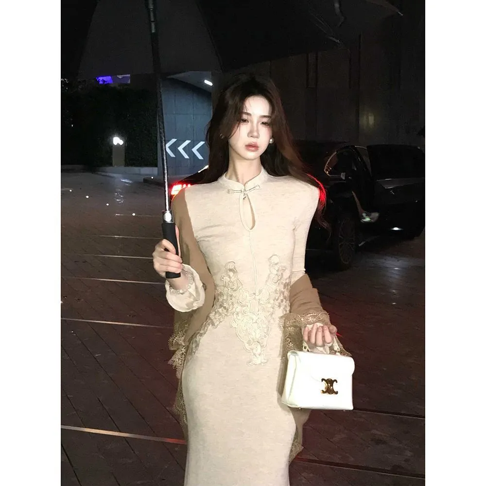 Stand Collar Embroidered Knitted Long Dress Cardigan Coat Women - Tan