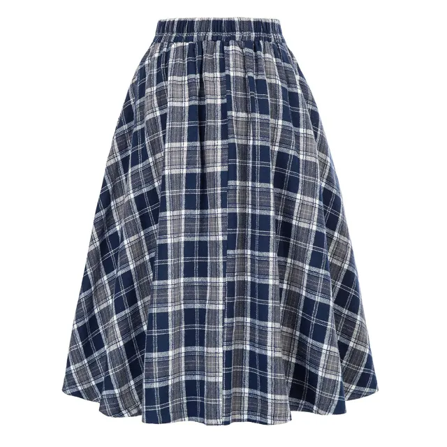 High Waist Plaid Big Hem Skirt Fall Winter Plaid Elastic Waist A Line Skirt Blue - Shop at LoveMi