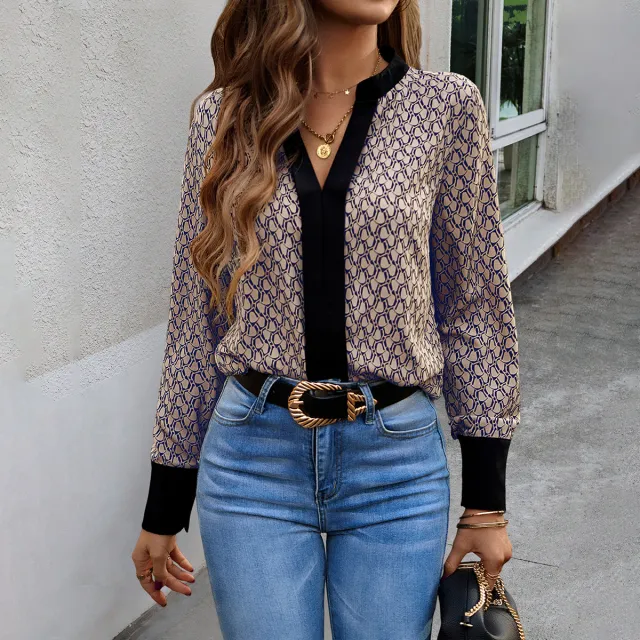 Printed V neck Shirt Women's Long sleeved Top Blue - Shop at LoveMi