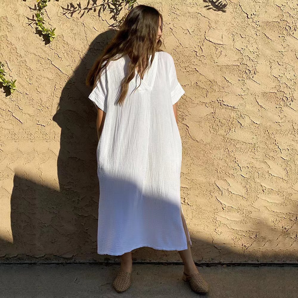 Wrinkle Cotton Rayon Solid Color Minimalist Home Wear Dress