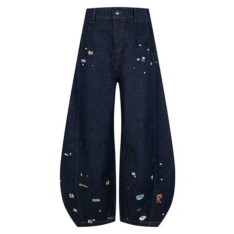 American Retro Cartoon Embroidered Machete Jeans - Dark Blue