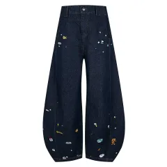 American Retro Cartoon Embroidered Machete Jeans - Dark Blue - View 1