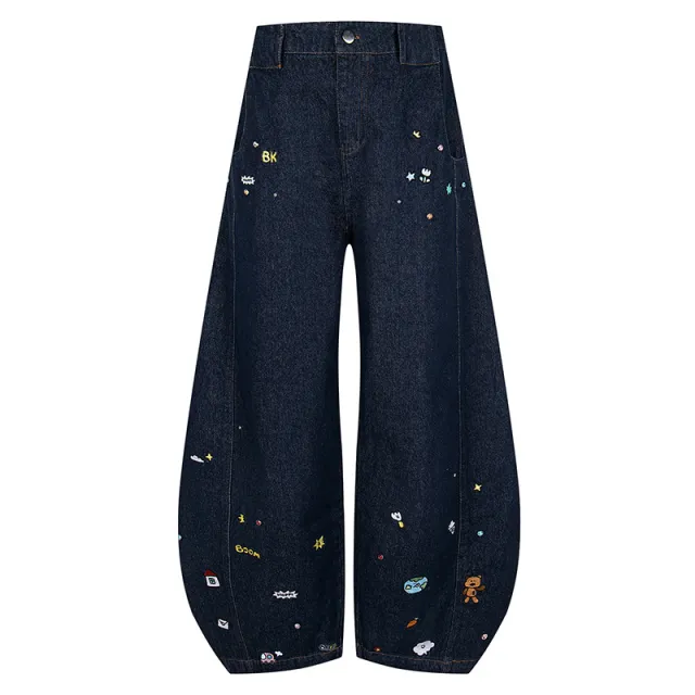 American Retro Cartoon Embroidered Machete Jeans Dark Blue - Shop at LoveMi