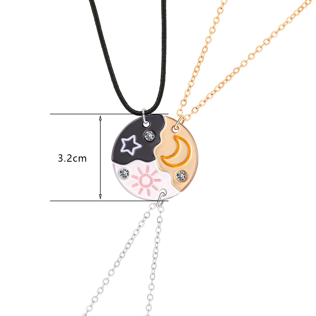 Star Moon Three-person Chain Advanced Design Alloy Oil Dripping Stitching Round Pendant Suit Necklace