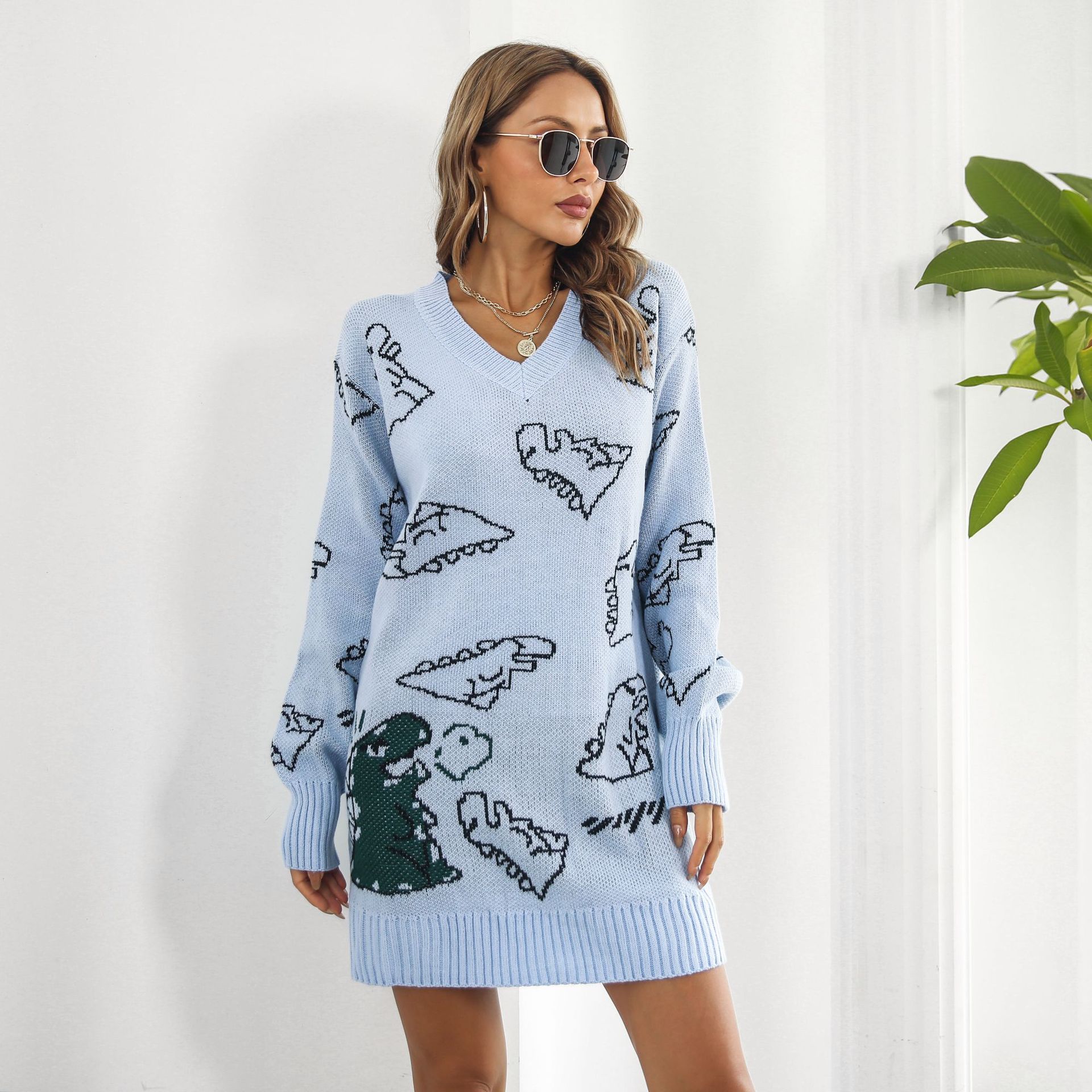 Cute Dinosaur Cartoon Jacquard V neck Long Sleeve Sweater Dress Women's Loose Knitted Dress Autumn And Winter Blue - Shop at LoveMi