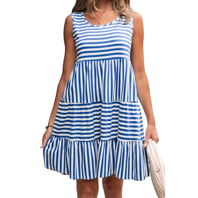 Pullover Round Neck Dress Women's Striped Printed Short Skirt Lc6125276 P419 L - Shop at LoveMi
