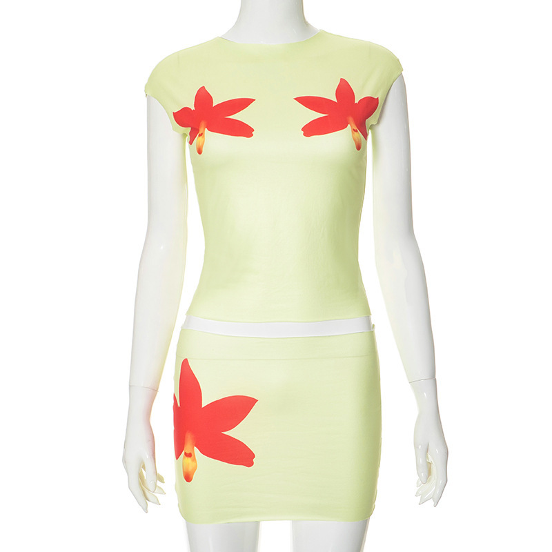 European And American Flower Print Design Round Neck Short Sleeve Skirt Two-piece Set