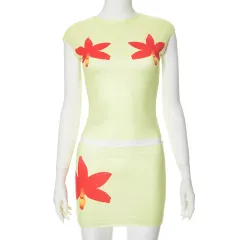 European And American Flower Print Design Round Neck Short Sleeve Skirt Two-piece Set - Yellow Q24St082 - View 1