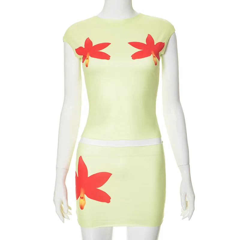 European And American Flower Print Design Round Neck Short Sleeve Skirt Two-piece Set - Yellow Q24St082