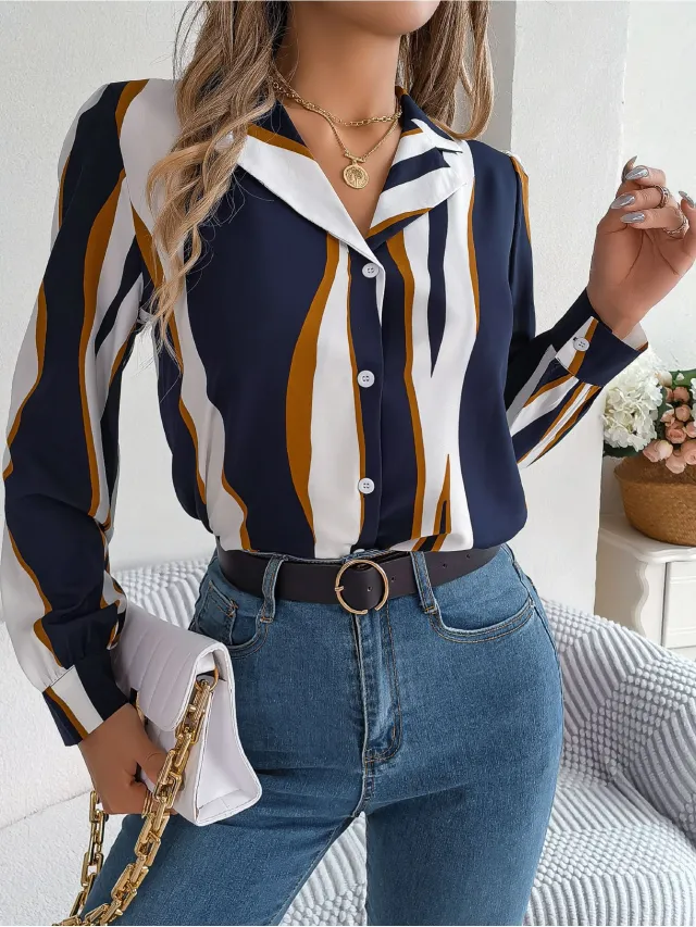 Casual Versatile Contrasting Striped Long Sleeved Shirt Dark Blue - Shop at LoveMi