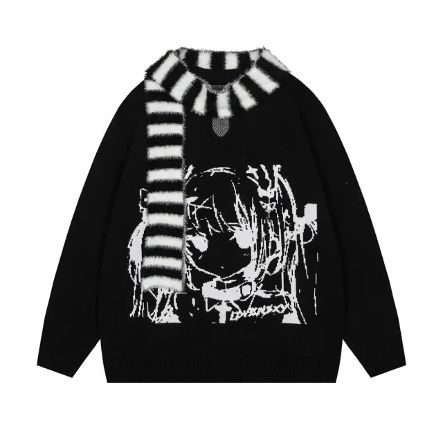 Anime Girl With Scarf Round Neck Sweater Men And Women Autumn And Winter Loose Black - Shop at LoveMi