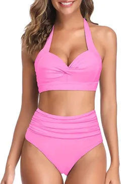 Split Bow Bikini Seaside Vacation Swimwear - Pink - View 1