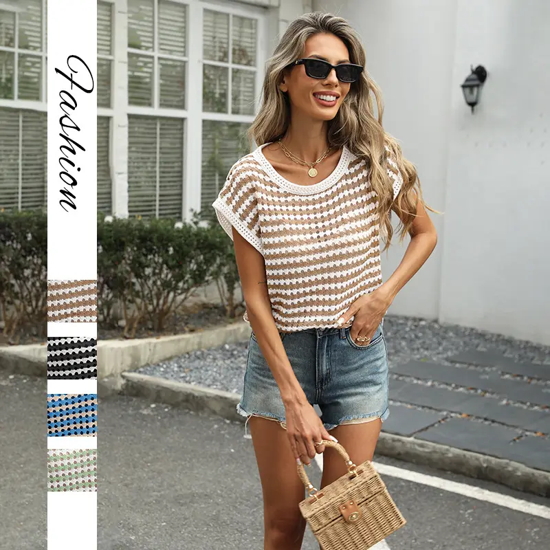 Casual Vacation Cover-sleeve Knitted Crew-neck Trendy Striped