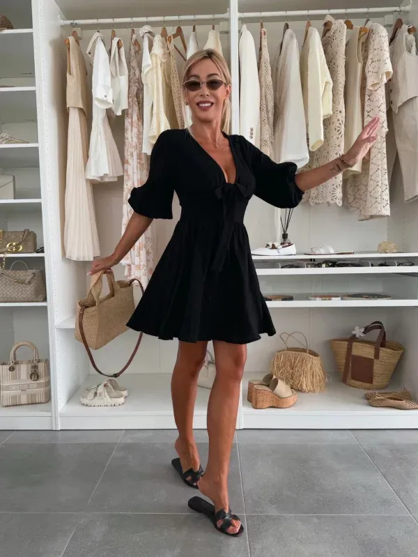 Short Sleeve Casual V neck Sahara Plaid Jumpsuit Black - Shop at LoveMi