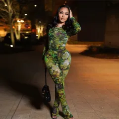 New Fashion Mesh Printed Tight Top And Trousers Casual Suit - Green - View 1