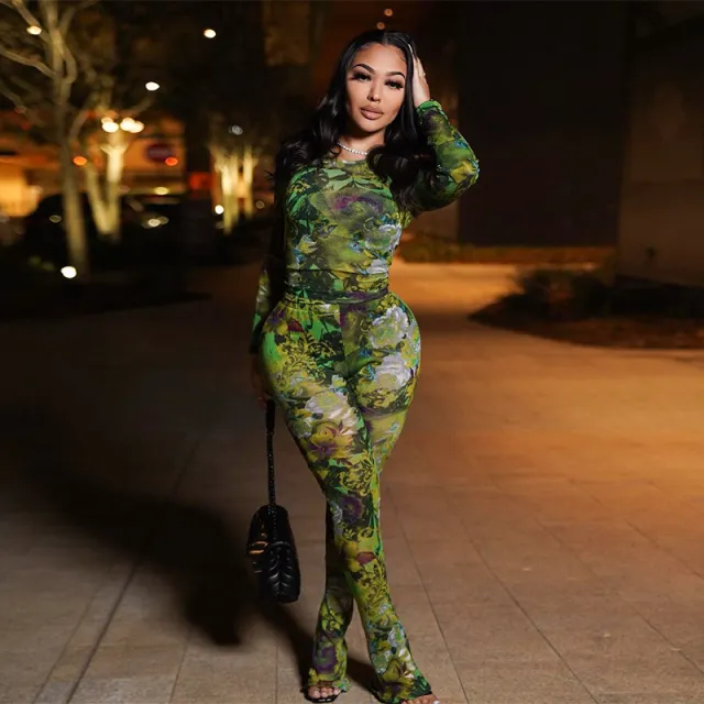 New Fashion Mesh Printed Tight Top And Trousers Casual Suit Green - Shop at LoveMi