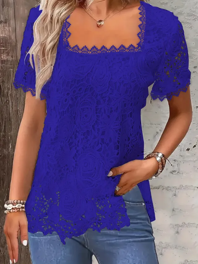 European And American Fashion Women's Wear Short sleeved Lace Top Solid Color T shirt Blue - Shop at LoveMi