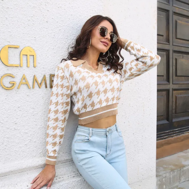 Women's Fashion Casual Houndstooth Jacquard Lapel Short Sweater Khaki - Shop at LoveMi