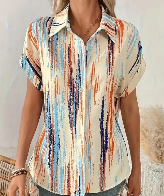 Striped Print Button Front Short Sleeved Shirt 7A Xxxxl - Shop at LoveMi