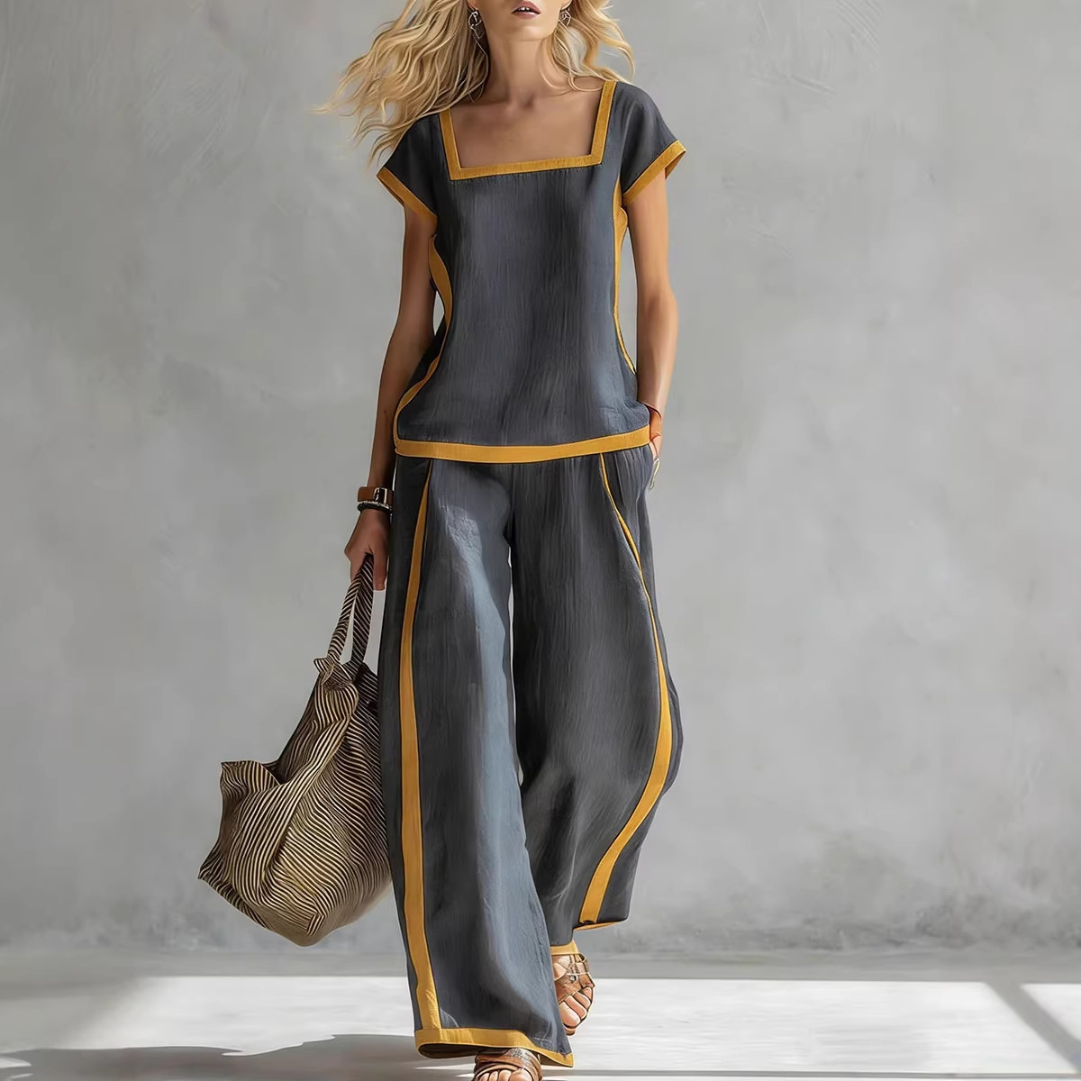 Women's Casual Square-Neck Short-Sleeve Pants Set