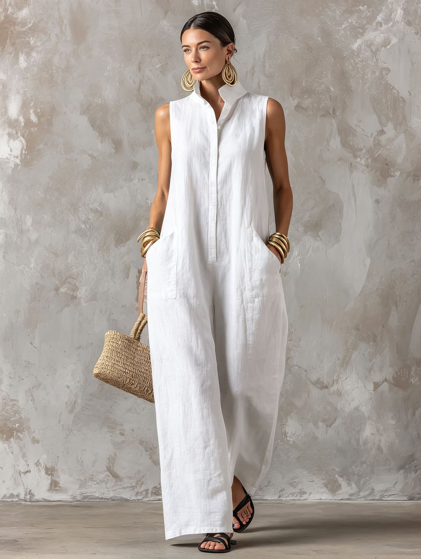 Linen blend sleeveless stand-collar jumpsuit Yellow colorway – women's loose fit boho casual summer outfit