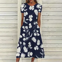 Floral Print Round Neck Short Sleeve Pocket Dress - Black - View 1