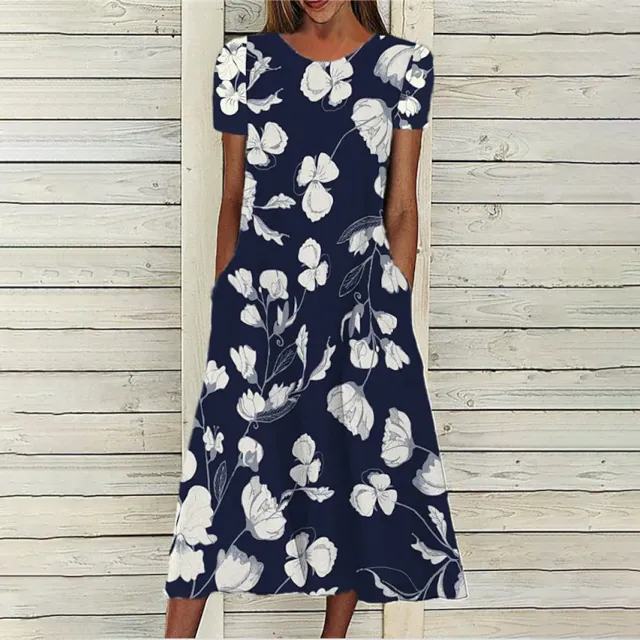 Floral Print Round Neck Short Sleeve Pocket Dress Black - Shop at LoveMi