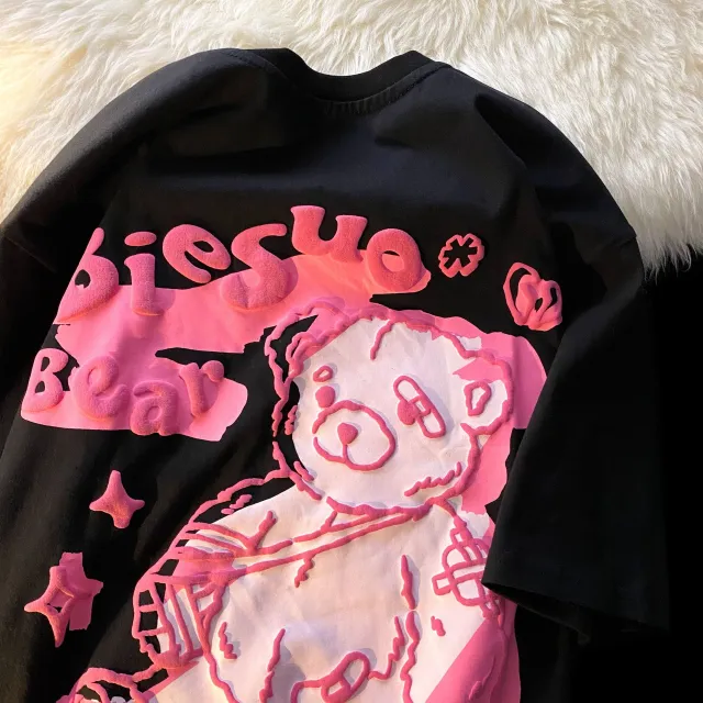 Printed Bear Loose Round Neck Short Sleeves Top Black - Shop at LoveMi
