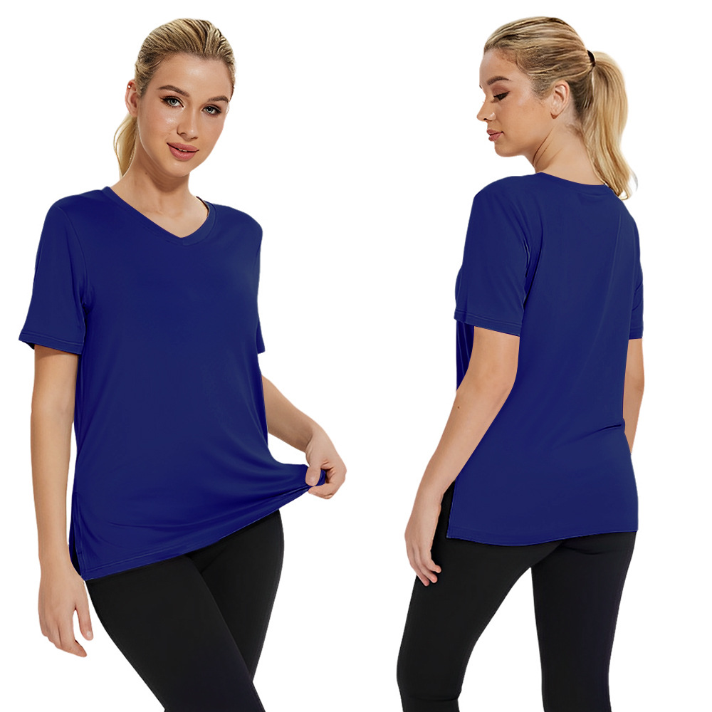 Short Sleeve Loose Split Top Solid Color Women's Clothing Blue - Shop at LoveMi
