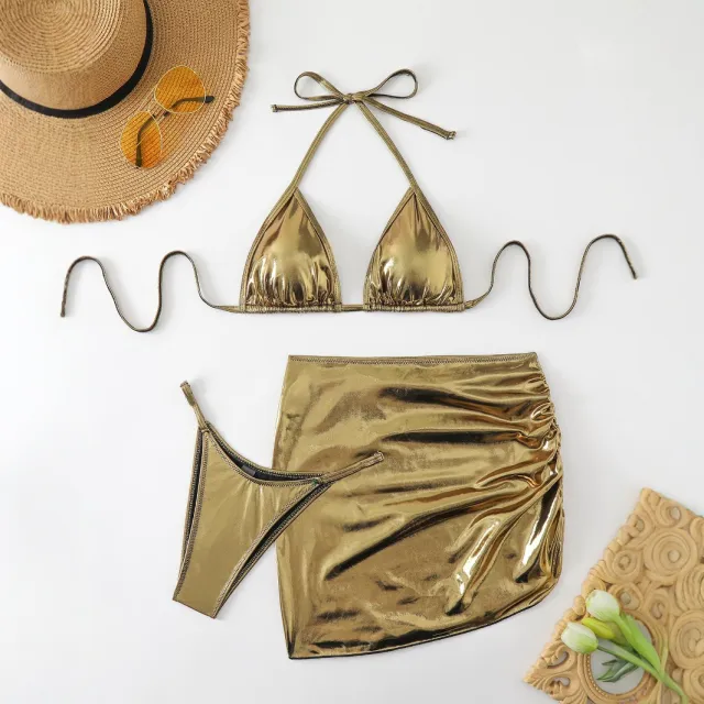 Women's Bronzing Fabric Top Halter Strap Swimsuit Set Gold - Shop at LoveMi