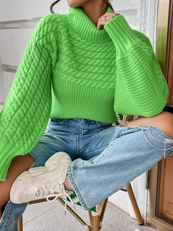 Womens Solid Color Knitted Sweater With Cable Knit And Ribbed Texture Green - Shop at LoveMi