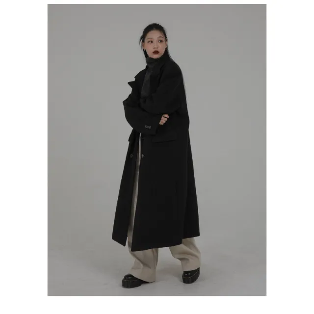 Korean style Hepburn inspired Long Coat Relaxed fit Suit style Oversized Wool Coat Versatile And Easy To Style Black - Shop at LoveMi