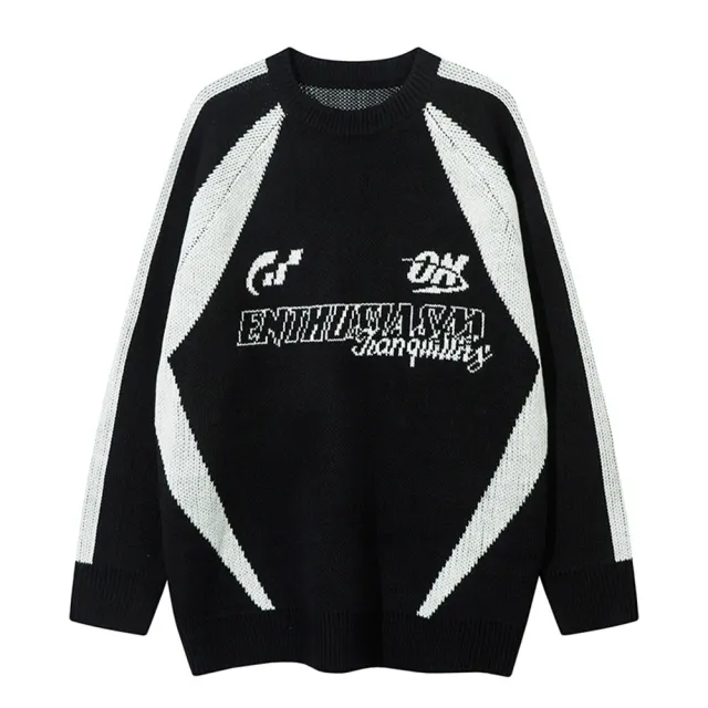 American Letter Color Contrast Patchwork Round Neck Sweater Black - Shop at LoveMi