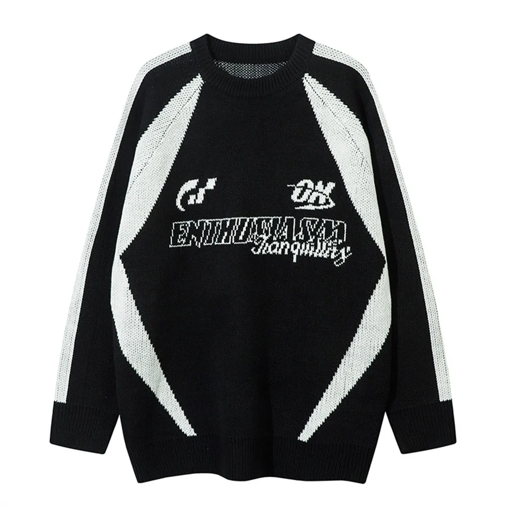 American Letter Color Contrast Patchwork Round Neck Sweater - Black