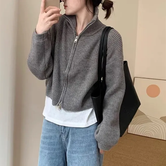 Simple Elegant Double Zipper Knitted Cardigan Stand Collar Short Gray - Shop at LoveMi