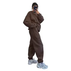 Solid Colour Round Neck Long Sleeve Sweatshirt Women's Fashion Casual Loose Pants Suit - Brown - View 1