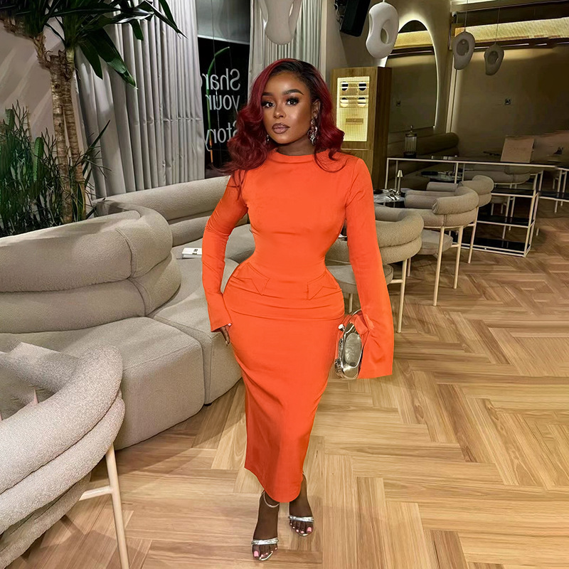 WQ24152 Autumn 2024 New Style Long Dress, European and American Style, Elegant Temperament, Slim Fit, Round Neck, Flare Sleeve Dress for Women
