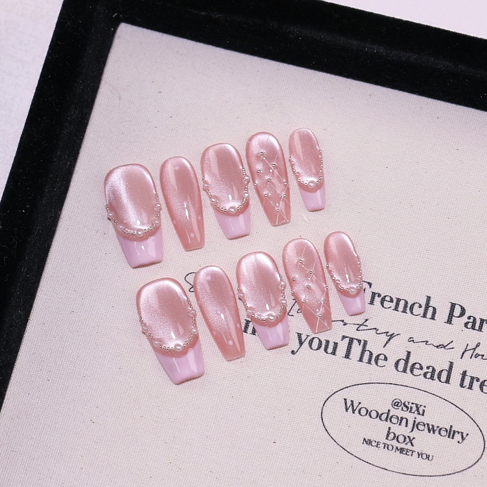 French Pearl Herringbone Cat Eye Detachable Nail Stickers