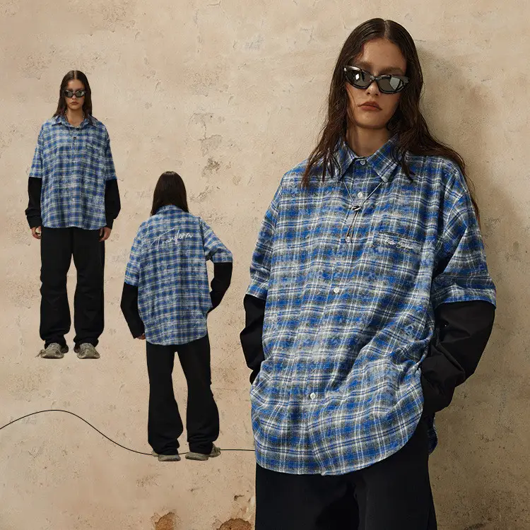Hip Hop Plaid High Street Letter Embroidery Blooming Lapel Shirt